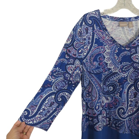 Chico's Blue Paisley Print V-Neck with sheer Chiffon hem Tunic Chico's 2 Sz 12‎ - Picture 3 of 14